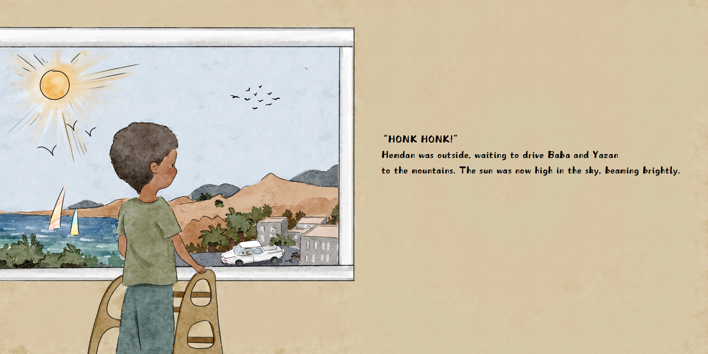 Yazan standing on his learning tower looking out a big window waiting for the driver in Baba and Me children's book